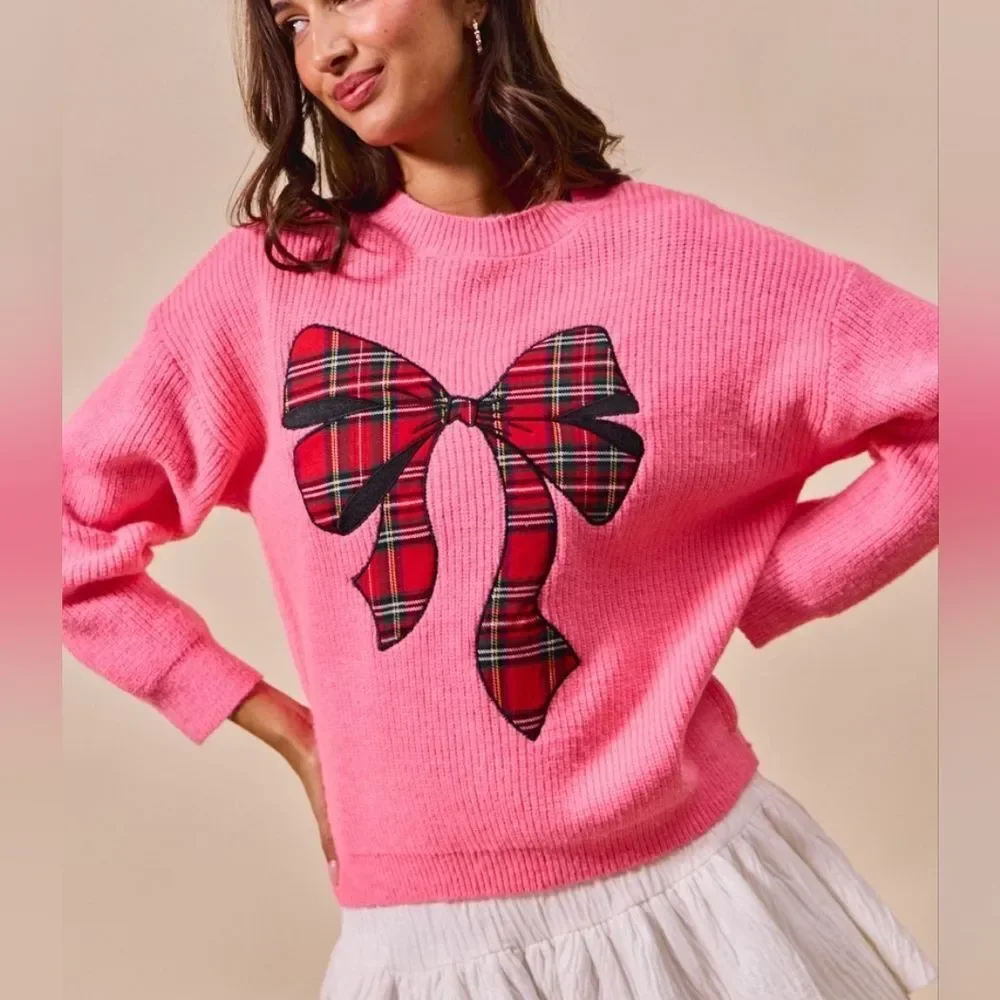 SO ME Women's Pink Plaid Bow Appliqué Sweater Oversized Holiday Knits sz XL